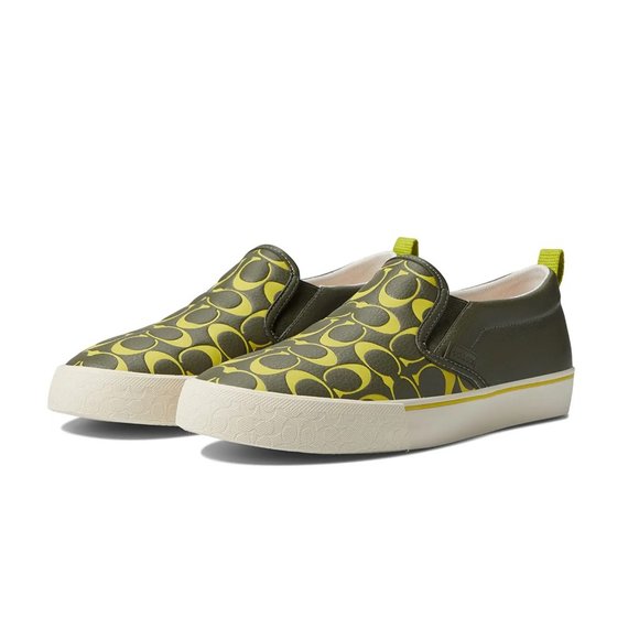 Coach Men's Logo Print Slip-On Skate Sneaker Pebble Leather Shoe Army Green 9.5 - Picture 1 of 9